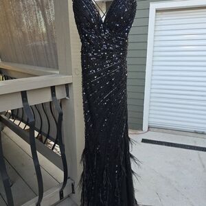 Black Sequin V-Neck Prom Gown with Feather Trim